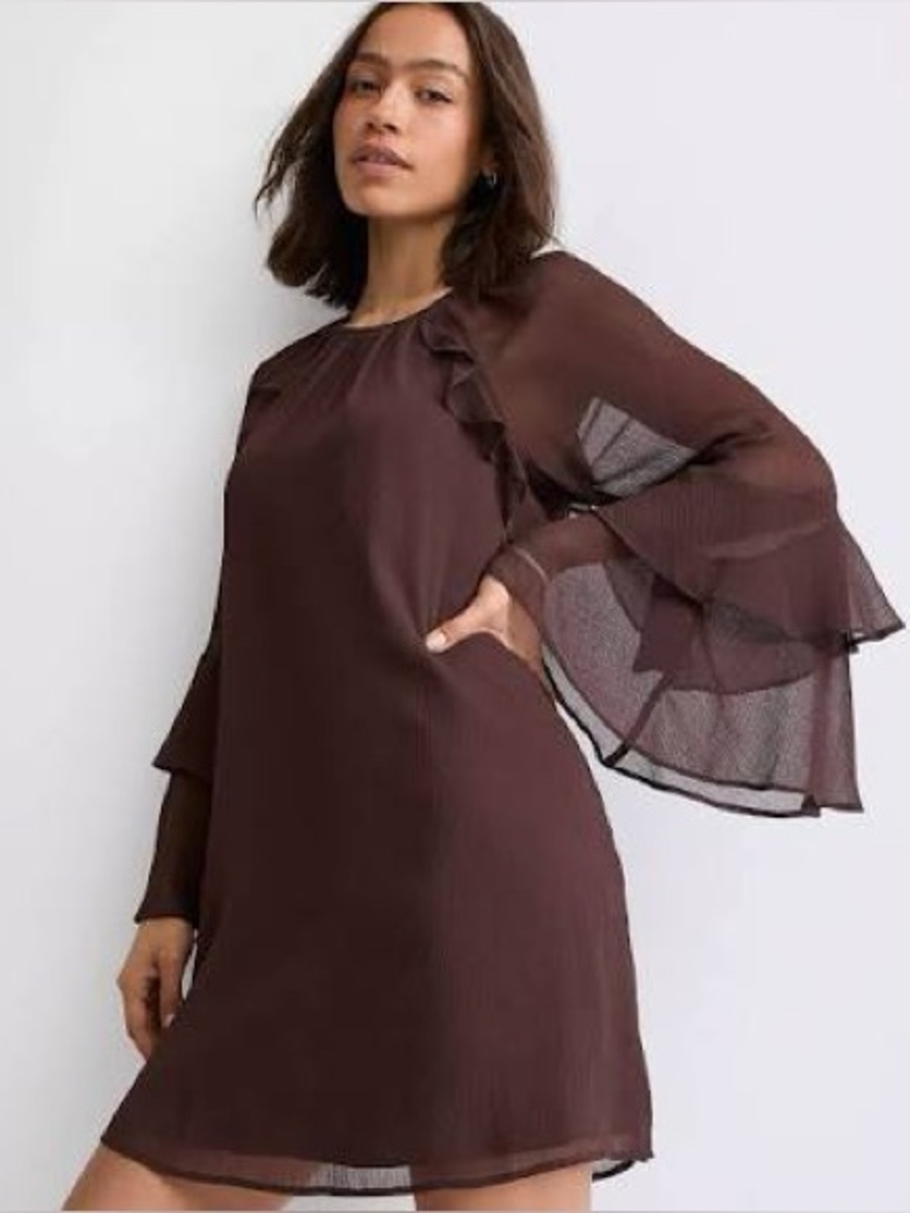 Women’s Loft Ruffle Mini Dress Size XL, Brown, Sheer Long Sleeves